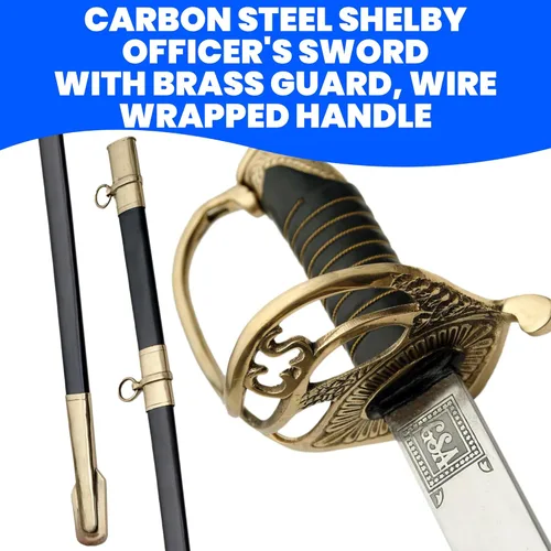 Vista 3 de SZCO Supplies - Espada de oficial Shelby de acero al carbono de 42 pulgadas con protector de latón, mango envuelto en alambre, vaina recortada