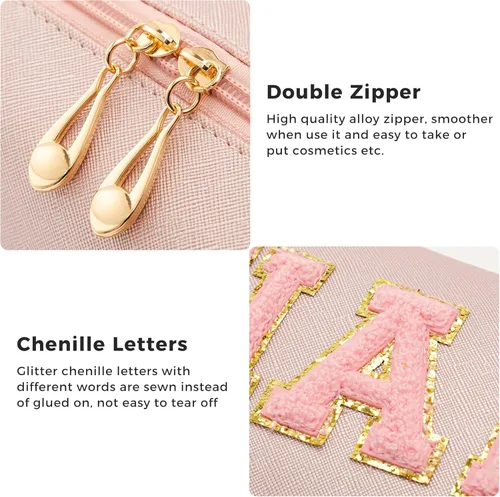 Vista 2 de HBselect 4 bolsas de maquillaje de chenilla con parche de letras, organizador de cosméticos impermeable portátil para mujeres