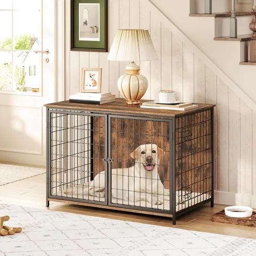 Vista 11 de MAHANCRIS Mueble de jaula para perros con cojín, perrera de madera para perros con puertas dobles, jaula resistente para perros pequeños, medianos