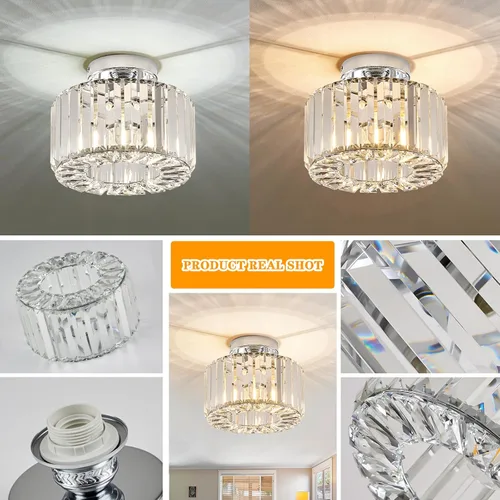 Vista 4 de BUXVRCS Candelabro de cristal plateado - Moderna lámpara de techo semiempotrada para cocina, dormitorio, sala de estar y más (plateado)