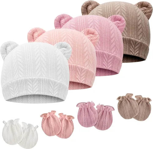 Vista 16 de Conjunto de gorro y mitones para recién nacidos con orejas de oso, gorro para bebé, gorro de hospital para bebé niño o niña, de 0 a 3 meses 4