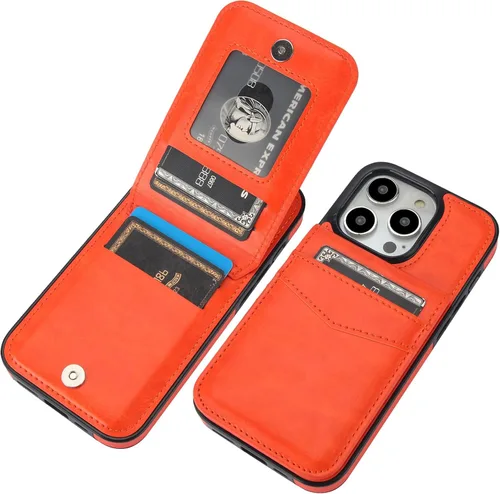 Vista 8 de KIHUWEY Funda compatible con iPhone 14 Pro con soporte para tarjeta de crédito, cierre magnético de cuero de alta calidad, función atril, funda Negro