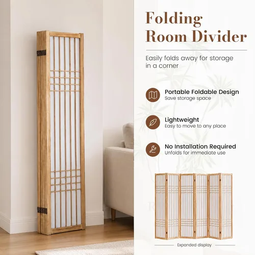 Vista 6 de 6 Panel Room Divider, 66.9" Tall Folding Privacy Screen, Natural 6 Panel Natural