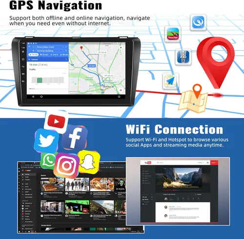 Vista 4 de Estéreo de coche 2+64GB para Mazda 3 2004-2009 Radio con Apple CarPlay Android Auto 9 "Pantalla táctil Android Radio con navegación GPS Bluetooth FM