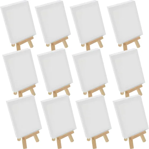 Vista 8 de U.S. Art Supply Lienzo estirado de 2 x 2 pulgadas con kit de caballete de 5 pulgadas (paquete de 12) – Soporte de mesa de madera natural con marco
