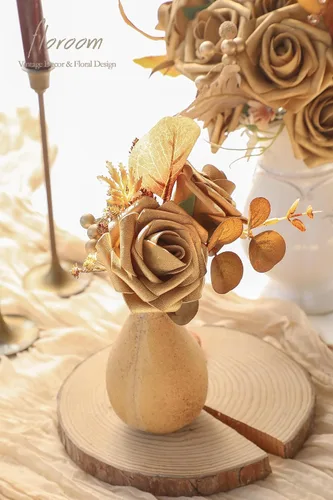 Vista 4 de Floroom Flores artificiales, 25 piezas de rosas falsas de espuma dorada antigua de aspecto real con tallos para ramos de boda DIY, centros de mesa