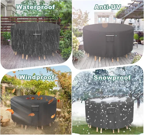 Vista 6 de Fundas redondas para muebles de patio, 500D resistentes al agua, resistentes a los rayos UV, para mesa y sillas redondas de comedor al aire libre