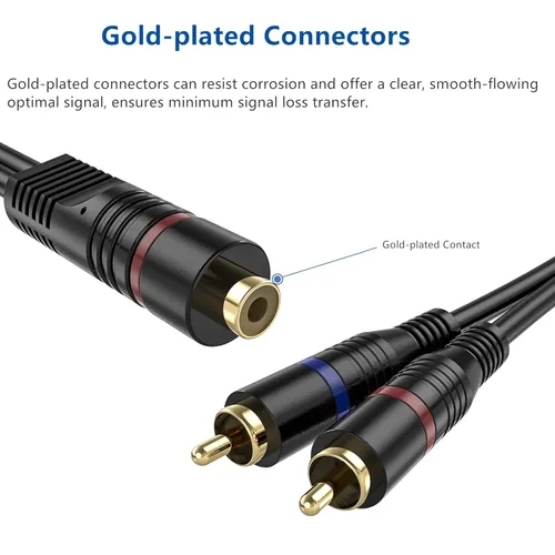 Vista 4 de Divisor RCA Y, paquete de 2 adaptadores divisor de cable RCA hembra a doble RCA macho, cable de audio chapado en oro de 8 pulgadas para subwoofer