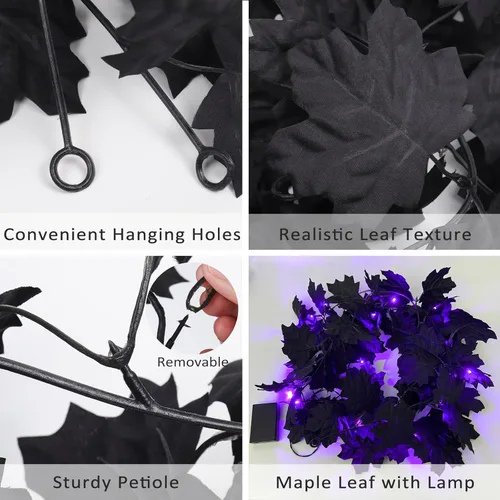 Vista 3 de RECUTMS Guirnalda de Hojas de Arce de Halloween con Luces Moradas - Decoración de Hojas Artificiales Negras para el Hogar, Repisa de Chimenea