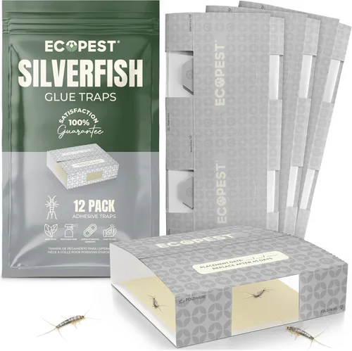 Silverfish Trap - Paquete de 12 | Trampa adhesiva para pegamento interior para peces plateados, Firebrat y otros insectos e insectos rastreros |