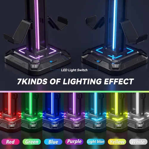 Vista 3 de KDD RGB Headset Stand with 9 Light Modes - Controller Holder for Desk - Rotatable Headphone Stand & Detachable Controller Hook for PC Earphone