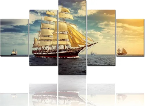 Vista 30 de Cuadros de pared para sala de estar, cuadros de naves de batalla de vikingos, varios paneles, lienzo, arte de pared, puesta de sol, barco pirata