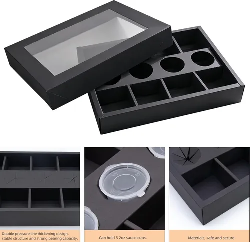 Vista 4 de Bandeja desechable de 8 compartimentos con tapas, 10 unidades de bandeja de cartón dividida negra con soporte para salsa de tomate para 4-8 personas