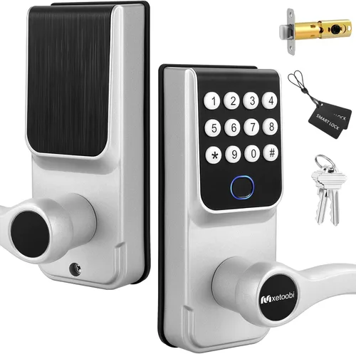 Cerradura inteligente con teclado con asa para puerta delantera, control 5 en 1 mediante huella dactilar, contraseña, aplicación, llave electrónica,