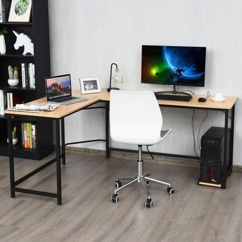 Vista 4 de DORTALA Escritorio en forma de L para computadora de esquina, mesa de juegos para computadora portátil, estación de trabajo, natural