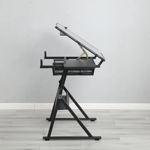Vista 3 de Mesa de dibujo con taburete, moderno escritorio de impresión de vidrio templado ajustable negro para estudio de arte, hogar, oficina, escuela