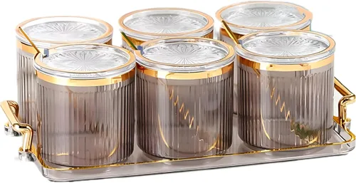 Vista 10 de Frascos Acrílicos para Condimentos y Especias, Caja de Condimentos y Especias con Tapas y Cucharas y Bandeja, Recipientes de Plástico Transparente