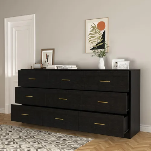 Vista 33 de Spaco Cómoda negra de 6 cajones con mango dorado, cómoda moderna de 6 cajones profundos para dormitorio, cómoda de almacenamiento para armario, sala