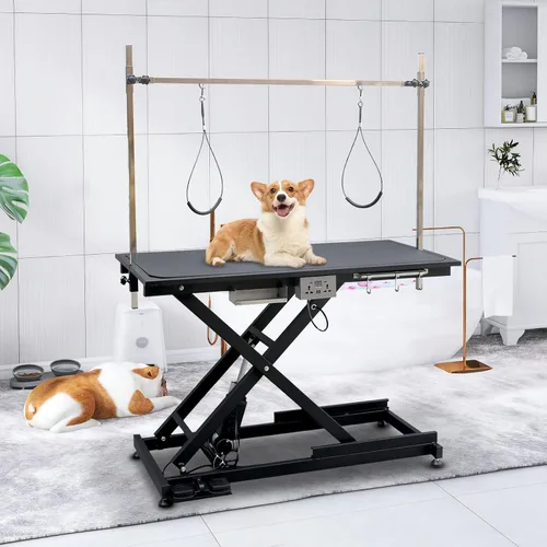Vista 8 de Mesa plegable para aseo de mascotas SoarFlash para perros, mesa plegable de aseo para mascotas de servicio pesado con brazo y soga y bandeja