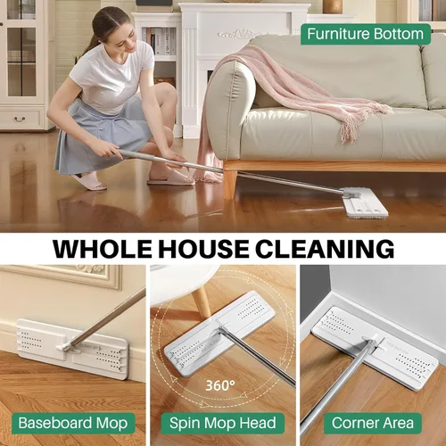 Vista 6 de JOYMOOP Trapeadores planos, trapeador de microfibra para limpieza de pisos y limpiador de paredes, mango de trapeador de 50" con cabezal plano