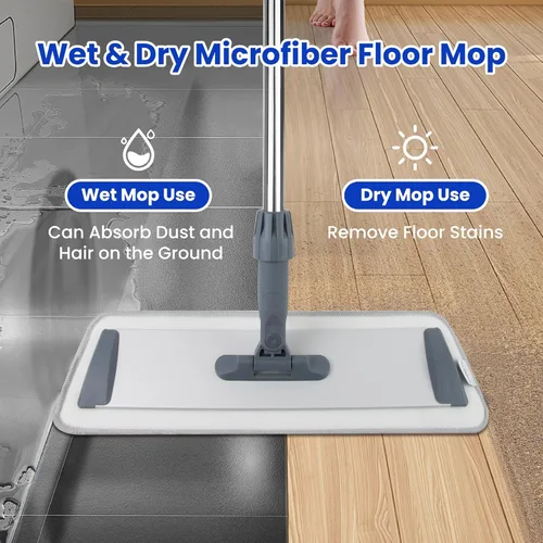 Vista 2 de Trapeadores planos de microfibra para limpieza de suelos, húmedo y seco y trapeador de polvo con 4 almohadillas lavables reutilizables, mopa