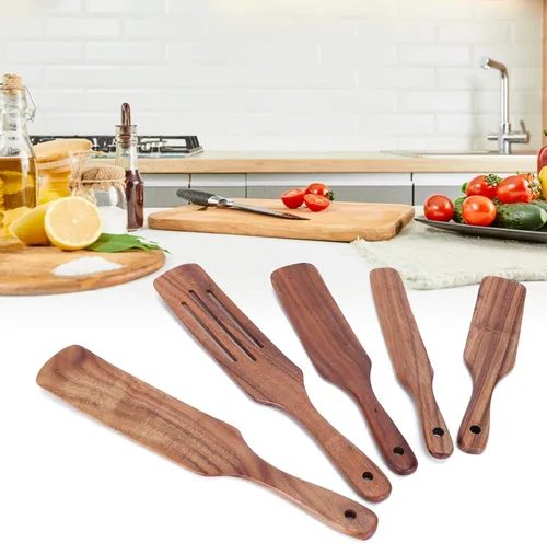 Vista 5 de FLEXMAN 5Pcs Teak Wooden Utensils Set, Multi Functional Wood Cooking Utensils Set, Kitchen Utensils Set, Non Scratch Cooking Utensils for Stir