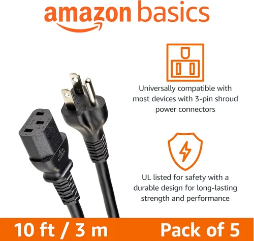 Vista 2 de Amazon Basics - Cable de alimentación para PC, 10 pies, paquete de 5, cable de alimentación de CA para monitor, computadora, TV, 3 clavijas, 18 AWG