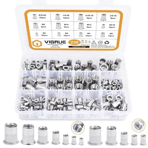 Vista 6 de VIGRUE - Kit surtido de 150 tuercas remachables #8-32#10-24 1/4"-20 5/16"-18 3/8"-16 UNC de acero al carbono, galvanizado en zinc amarillo