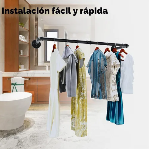 Vista 5 de Perchero industrial de tubería, resistente y desmontable, para colgar en la pared, barra de ropa rústica para ahorrar espacio, barra multiusos