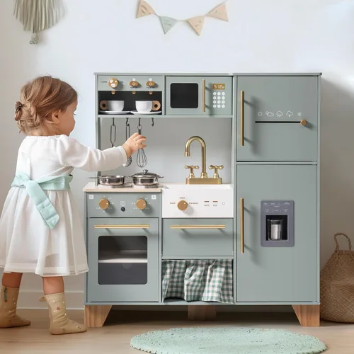 Vista 2 de ROBUD Juego de Cocina de Juguete, Cocina de Madera con Máquina de Hielo, Refrigerador, Cafetera, Horno, Lavavajillas, Microondas, Accesorios