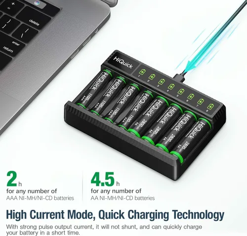 Vista 3 de HiQuick Cargador de batería inteligente de 8 bahías con batería 4AA y 4AAA + 8 pilas recargables AA