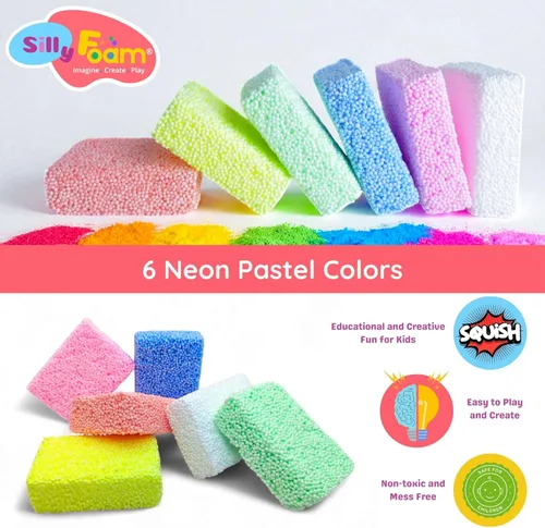 Vista 3 de Espuma Tonta, Cuentas de Espuma de Modelado Creativo, Paquete de 2 de 6 Primarios + 6 Bloques Pastel Neón, Sin Slime Sin Desorden, Perfecto
