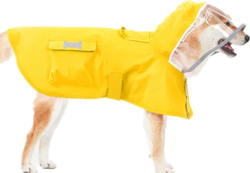 Vista 13 de Impermeable para perro con poncho con capucha, chaqueta de lluvia amarilla ajustable de alto reflejo, con agujero para correa para perros pequeños