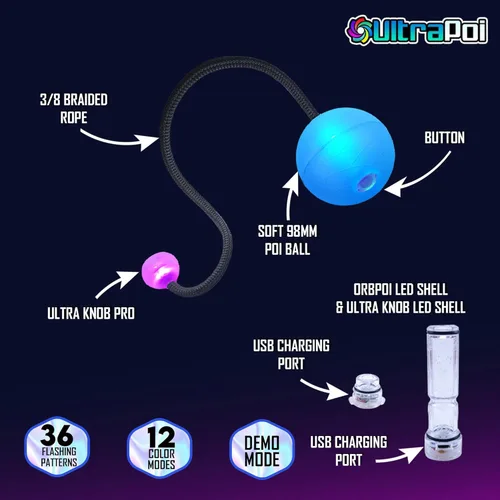 Vista 3 de UltraPoi OrbPoi - Juego de asas LED con perilla LED – Bolas LED Poi recargables por USB, más de 30 modos de color y patrones intermitentes, fundas