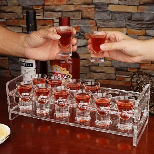 Vista 3 de D&Z Soporte para vasos de chupito, 12 vasos de chupito transparentes de base pesada para whisky, vodka, ron y tequila, juego de vasos acrílicos