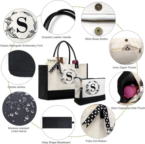 Vista 4 de BeeGreen Bolsas de lona con iniciales, regalo de cumpleaños personalizado para mujer, monograma bordado con mango de cuero