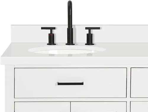 Vista 529 de ARIEL Hepburn - Tocador de baño de 30 pulgadas con fregadero, madera maciza, encimera y protector contra salpicaduras de cuarzo blanco puro de 1.5