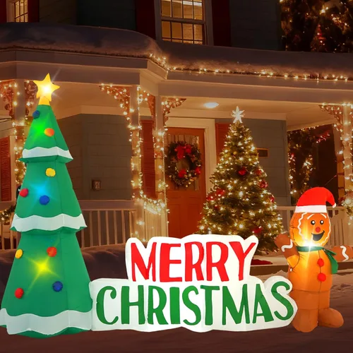 Vista 8 de Decoración inflable de oso polar de 8 pies / 2.4 metros sentado en el techo con luces LED y luces caleidoscópicas, adecuada para decoraciones