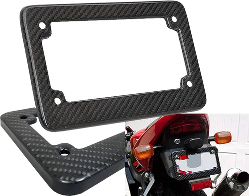 Vista 13 de ICBEAMER Marcos de placa de fibra de carbono negra, 2 agujeros de tornillo preperforados con kit de instalación, ajuste universal, seguro