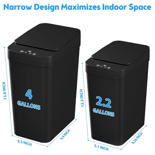 Vista 3 de Basurero de baño con tapa, paquete de 2 cubos de basura automáticos sin contacto de 4 y 2.2 galones, pequeño sensor de movimiento, cubo de basura