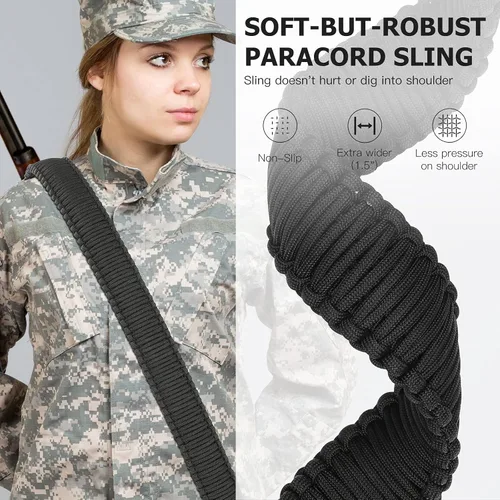 Vista 5 de DDOUT Eslinga de rifle de 2 puntos, eslinga de paracord 550 para rifle con giratorios de triple bloqueo y correa de longitud ajustable rápida