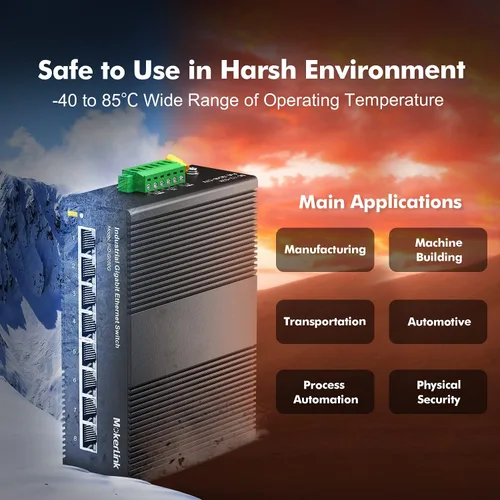 Vista 7 de MokerLink Conmutador Ethernet industrial de carril DIN Gigabit de 8 puertos, capacidad de conmutación de 16 Gbps, conmutador de red