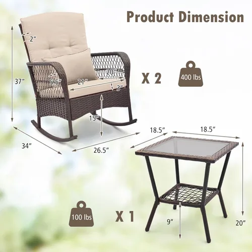 Vista 3 de ORALNER Juego de 3 mecedoras de mimbre para muebles de patio, sillas mecedoras para exteriores con cojines, almohadas, mesa de centro de cristal