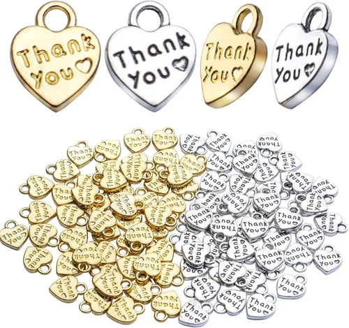 Aylifu 100 dijes antiguos de corazón con palabra de agradecimiento, suministros de manualidades a granel para hacer joyas, collares, pulseras, plata