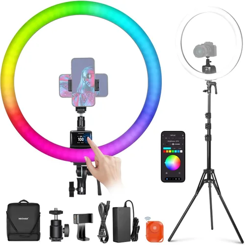 Vista 9 de NEEWER Basics - Anillo de luz para selfie de 10 pulgadas con soporte de trípode/2 soportes para teléfono compatibles con iPhone/placa QR