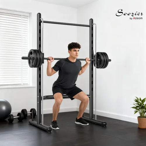 Vista 2 de Soozier Squat Rack with Pull-Up Bar, Adjustable Power Rack with Barbell Bar, Multi-Functional Bench Press Rack for Home Gym Strength Training