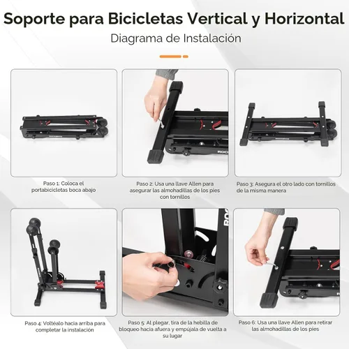 Vista 8 de ROCKBROS - Soporte para bicicleta 2 en 1, vertical u horizontal para ruedas de 20 a 29 pulgadas Foldable design saves space in garages and