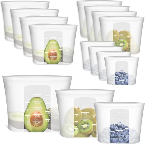 Vista 22 de Reusable Food Bags, 12 Pack 100% Silicone Food Storage Bags Stand Up Zip Lock Container, Freezer Microwave Oven Dishwasher Safe, 4 Medium 4 Small 4