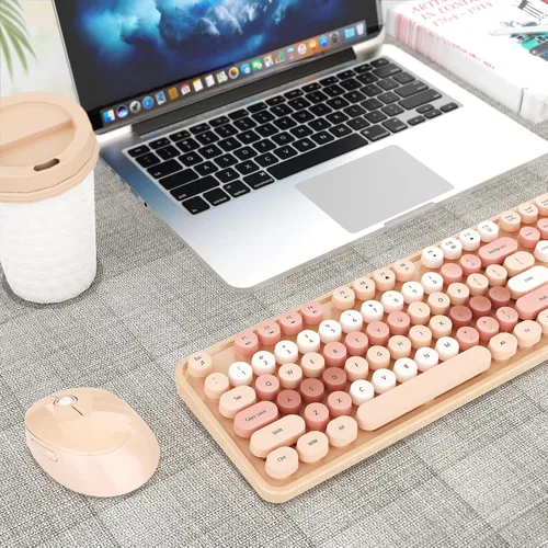 Vista 9 de HotFox Combo de teclado y mouse inalámbricos, teclado retro de tamaño completo con teclas redondas, diseño ergonómico para PC con Windows, uso Marrón