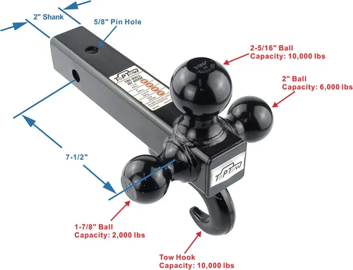 Vista 6 de TOPTOW 64181 Enganche de Receptor de Remolque de Tres Bolas con Gancho, Bolas Negras, Se Adapta a Receptor de 2 Pulgadas